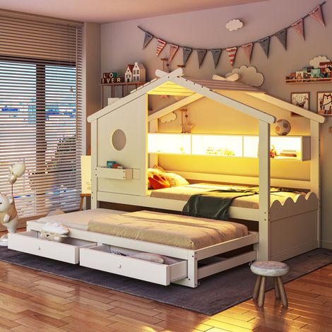 Lit enfant 90x200 cm, lit gigogne 90x190 cm, lit enfant, design en forme de maison, 2 tiroirs, ports de chargement USB et Type-C, LED, étagères, blanc