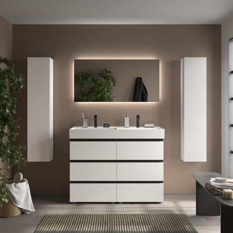 Meuble de salle de bain BEQUIA METAL 3C 120cm Blanc mat Vasque Veneto Porcelaine Centrale (1/4)