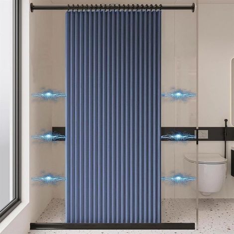 Rideau de douche pliable et imperméable, rideau de douche magnétique, rideau de douche en lin épais, non doublé, bleu, 100 cm x 200 cm (1/5)