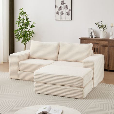 Divano letto modulare 2-in-1  in beige, in velluto a coste, con poggiapiedi mobile e braccioli classici,194x243x53 cm (1/5)