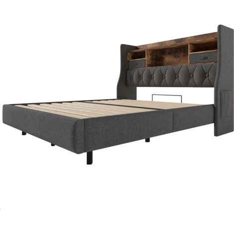 Letto matrimoniale 140x200 cm in lino grigio con LED, testiera contenitore e porte USB Type-C (1/5)