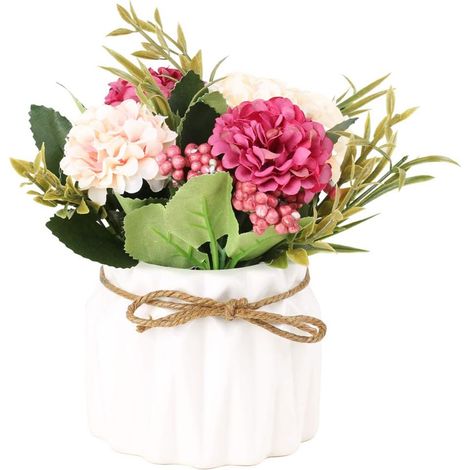 1 Ramo de hortensias, flores artificiales, maceta de cerámica, decoración de mesa, interior de sala de estar (1/5)