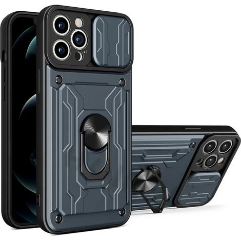 (Gris, iPhone 12) Étui de téléphone à anneau magnétique 360° avec emplacement pour carte SIM et protection coulissante pour la caméra. (1/5)