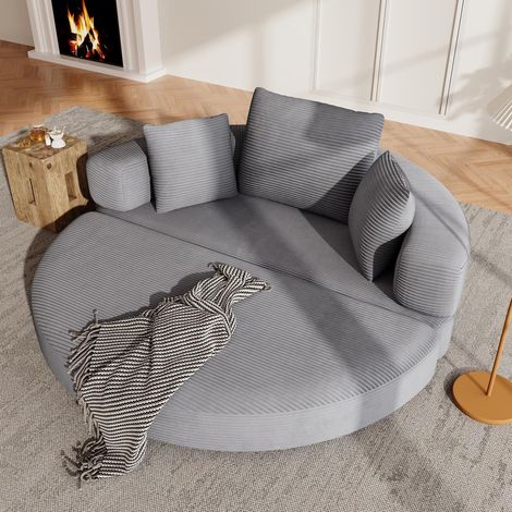 Modulares Ecksofa, zum ovalen Bett umwandelbar 173 x 176 cm – 2-Sitzer-Bodenmatratze aus Schaumstoff mit grauem Cordbezug und 3 Kissen inklusive für Studio und Wohnzimmer