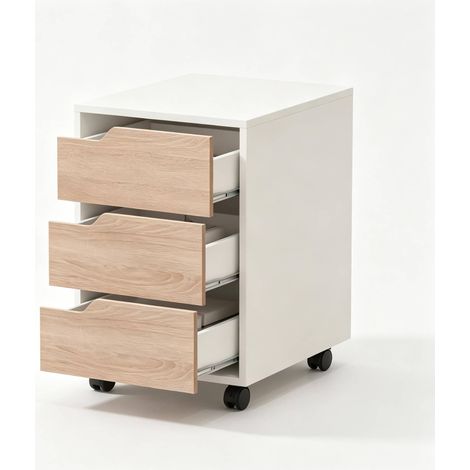 Rollbarer Aktenschrank mit 3 Schubladen aus MDF und Metall, Weiß/Eiche, 40 x 50 x 57,5 cm (1/5)