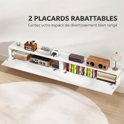 Meuble TV suspendu 180cm, meuble télé pour téléviseur 72 pouces, 2 portes rabattables, 180x25x22cm, blanc (1/5)