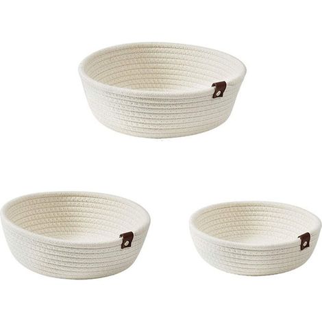 Ensemble de 3 paniers de rangement ronds en corde de coton tressée, blancs, pour le rangement de bureau.