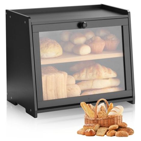 Doppellagiger Brotkasten für Küchentheke Brotbehälter Brotbox Organizer aus Holz für selbstgebackenes Brot, Aufbewahrungsbehälter mit gewellter Acryl-Türplatte, Brotaufbewahrung Schwarz (1/5)