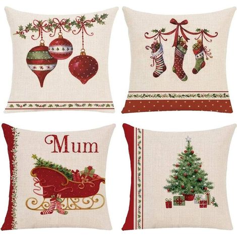 4 pcs Housse Coussin Noël Taie d'oreiller Coussin en Lin de Coton Noël pour Canapé Décoratif 45x45cm (4pcs-Bas de Noël) (1/5)