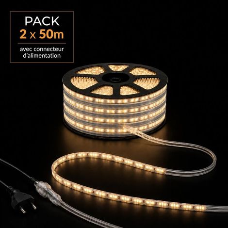 Ruban LED Tunnel 100M 2835 220V AC 9W/m IP65 120 LED/m (2 rubans 50M raccordable + alimentation) - Blanc Froid (6000K - 8000K) - SILAMP (1/2)