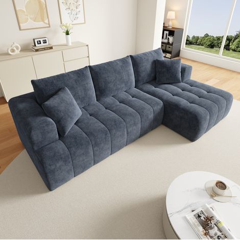 Sofá esquinero modular 244,5x136x79 cm de chenilla azul, sin montaje – MEUBLIV (1/5)