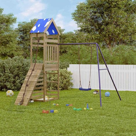 Aire de jeux extérieure en bois imprégné, balançoire, mur d’escalade, bac à sable, 245 x 374 x 265 cm - PANGIVO (1/5)