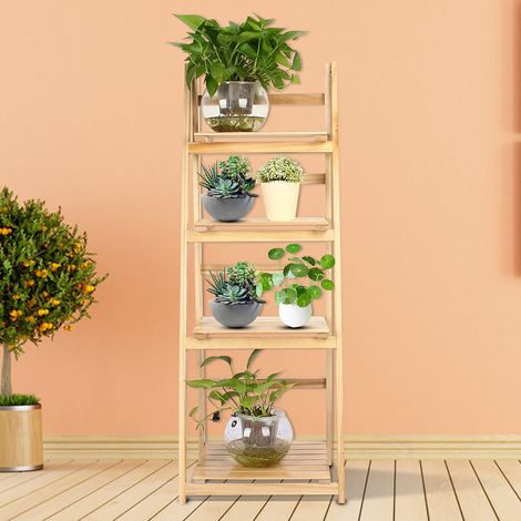 Étagère échelle à 4 niveaux, présentoir, bibliothèque, support de rangement pour plantes et fleurs (bois massif) (1/5)
