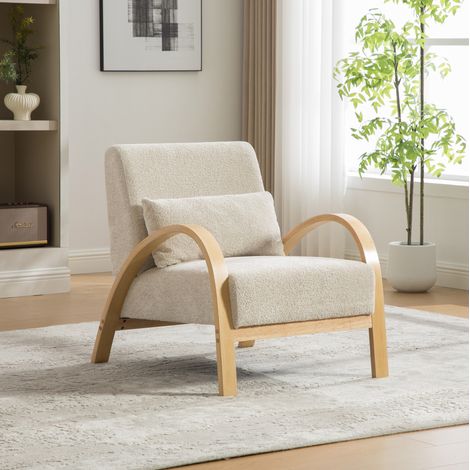 Sillón lounge sin brazos, diseño moderno, patas de madera maciza, tejido chenilla beige (1/5)