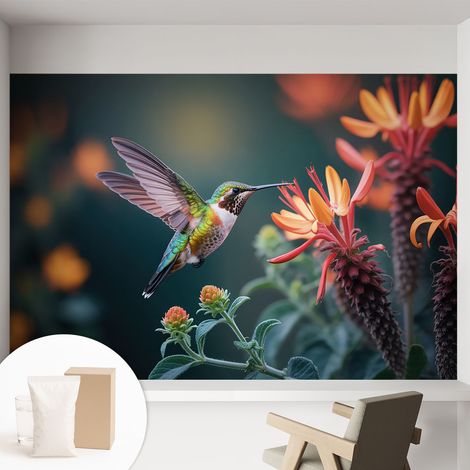 Papier peint intissé décoratif pour chambre et salon Design moderne à poser facilement - Colle incluse gratuite Fleurs de colibri 152x104 cm (1/5)