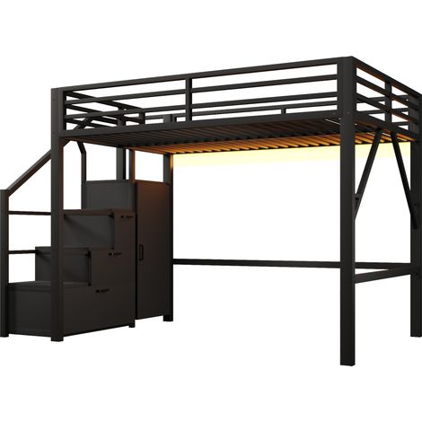 Hochbett 140 x 200 cm aus schwarzem Metall mit Stauraum, Kleiderschrank und LED-Beleuchtung MODENUIT (1/5)