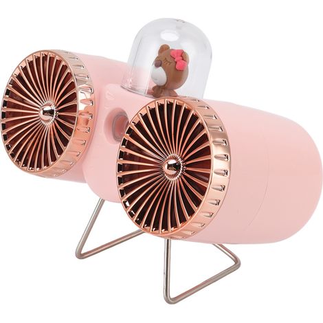 Ventilateur de bureau USB à double pale, motif ours, 3 vitesses, ventilation puissante, chargement USB, veilleuse, rose. Idéal pour la maison, le bureau ou une chambre d'étudiant. (1/5)