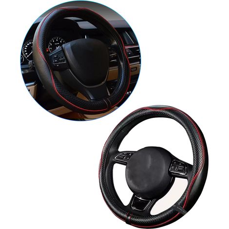 Car Steering Wheel Cover, Car Steering Wheel Protector, Interior Car Accessories, Protective Cover, Universal Size, Suitable for Steering Wheels with an Outer Diameter of 37 to 38 cm (Black-Red) (1/5)