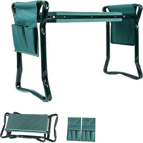 1 Tabouret pliable, banc jardin avec 2 sacs rangement, siège genoux antirouille, outil jardinage, extérieur (1/4)