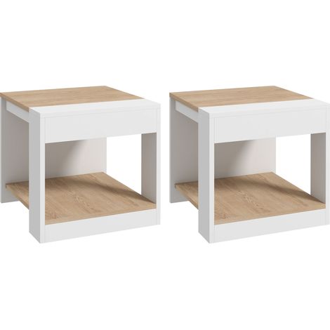 Juego de 2 mesitas auxiliares, mesitas de noche, 40 x 40 x 45 cm - blanco y natural (1/5)