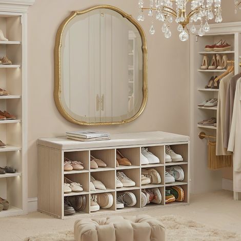Banc à Chaussures, Banc de Rangement avec Siège Rembourré, 15 Compartiments, Étagères Réglables, pour Salon, Couloir, Beige (1/5)