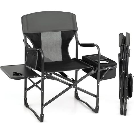 GOPLUS Chaise de Camping Pliante avec Table Latérale & Sac Isotherme, Charge 180KG, Chaise de Réalisateur Portable avec Poche Latérale & Accoudoirs Rembourrés, pour Camping, Pique-Nique, Pêche (Noir)