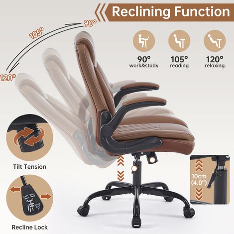 Sedia da ufficio ergonomica marrone in pelle 64x64x102 cm, braccioli ribaltabili - CHICFURN (1/5)