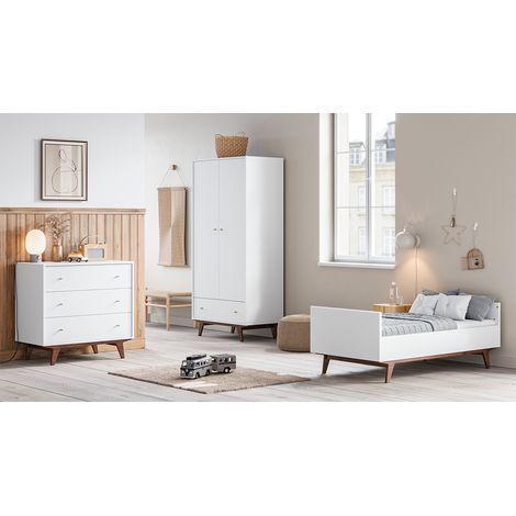 Komplettes Babyzimmer Mitwachsendes Babybett 70x140 Wickelkommode und Schrank 2 Türen 1 Schublade Vox Mid - Weiß und Hol