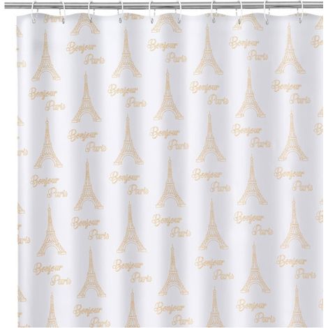 Rideau de Douche Tissu Blanc et Doré Bonjour Paris (1/2)
