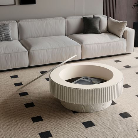 Table basse ronde de 75 cm avec rangement, en placage bois massif, style moderne, idéale comme table d'appoint pour salon, chambre, appartement ou bureau, blanc rétro. (1/5)