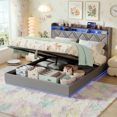 Cama Canapé Doble 140x200 cm, Cama Tapizada con Somier Elevable de Láminas, Cabecero con Almacenaje, LED y USB/USB-C, Lino - Gris