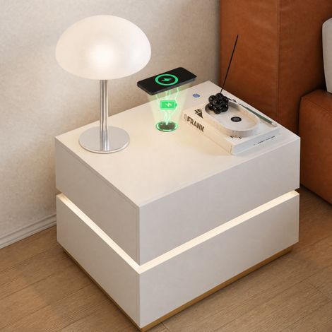 Table de chevet intelligente pour chambre d'hôtel de 19,7 pouces, avec éclairage d'ambiance LED, recharge sans fil par détection et deux tiroirs de rangement