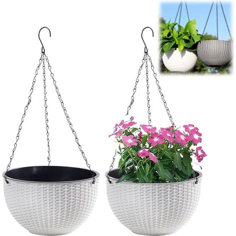 Ensemble de 2 Pots de Fleurs Suspendus avec chaîne en Acier Inoxydable, Pots de Fleurs Suspendus pour Balcon intérieur et extérieur et Pots de Fleurs Suspendus(Calibre 21cm,Blanc) (1/4)