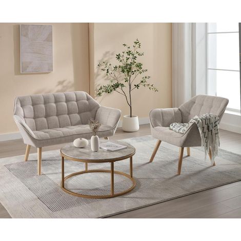 2er Set Sessel mit Armlehnen, gepolstert, Leinen, Holzbeine, Beige (1/5)