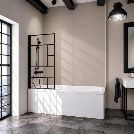 pare baignoire 80 x 140 cm, profilé noir, montage gauche droite, écran 1 volet mobile pivotant pliant 180°, verre de sécurité 5 mm décor Atelier (1/2)