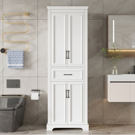 Badezimmer-Hochschrank 60x40x180 cm weiß MDF mit verstellbaren Einlegeböden, Schublade, Soft-Close und Kippsicherung (1/5)