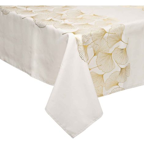 Nappe de Fêtes Blanc cassé motif Ginko Or 140 x 360 cm - Feeric Christmas