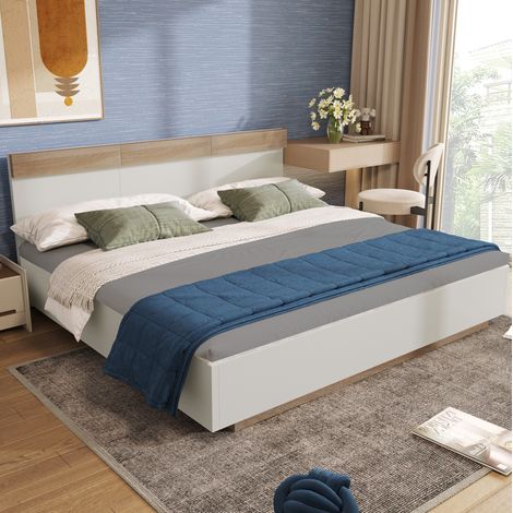 Cama doble moderna 160x200 cm efecto suspendido, madera blanca y roble Sonoma, con cabecero y somier de láminas (1/5)
