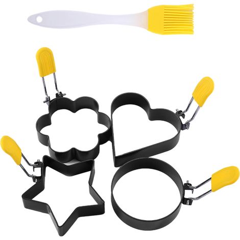 4 Pièces Moule à œufs en acier inoxydable, poignée silicone pliable, formes étoiles cœurs, avec pinceau huile pour petit-déjeuner (1/5)
