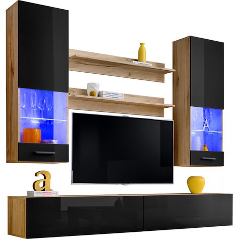 Extreme Furniture, Système mural Fly, (LxHxP): 200 x 195 x 41.5, Carcasse en Wotan Mat, Façades en Noir Brillant, LED bleues (1/3)