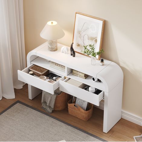 Console 120x35.5x76.5 cm bianca in MDF con 2 cassetti, ripiani aperti e piedini regolabili (1/5)