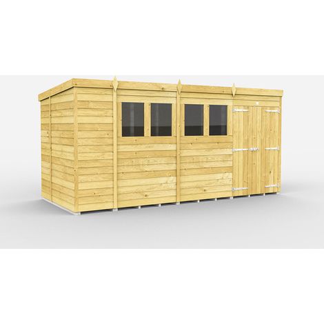 15 x 6 Feet Pent Shed - Double Door With Windows - Wood - L178 x W454 x H201 cm