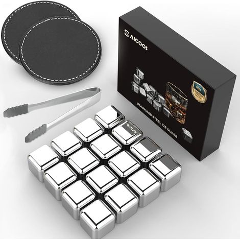 Lot de 16 Glacon Reutilisable - Glacons Pierre a Whisky - Glaçons Réutilisables en Acier Inoxydable, Metal Whiskey Stones Pour Cadeaux de La Fête Des Pères Pour Les Hommes Mari et Papa (1/5)