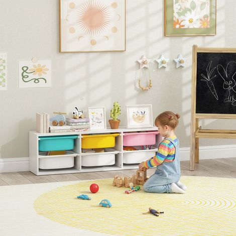 Meuble rangement enfant à 2 niveaux, étagère de rangement pour jouets enfants avec 6 bacs amovibles, blanc, 97x21x29cm