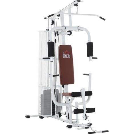 Estación de fitness para casa, total 45 kg, con brazo de prensa, desarrollador de piernas, almohadillas con ruedas, cuero sintético PU, 150 x 110 x 210 cm, blanco (1/5)