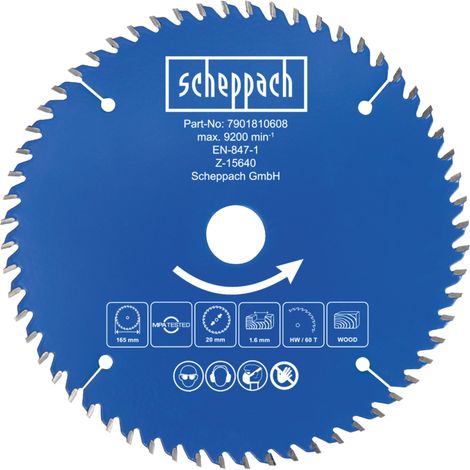 Scheppach Lame de scie circulaire HW - Ø165 mm - 60 dents - Alésage 20 mm - Pour stratifié, contreplaqué, panneaux multiplex et plans de travail