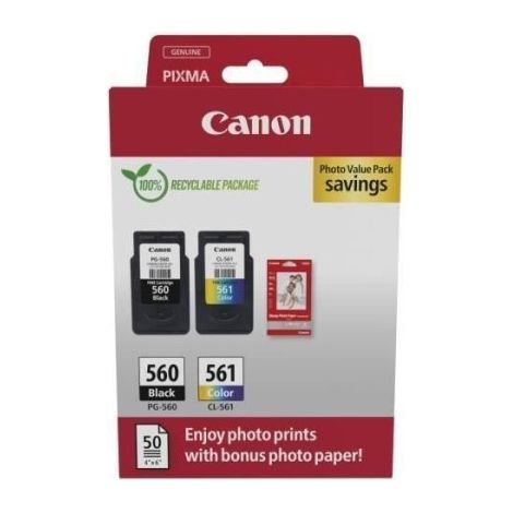 Pack de 2 cartouches d'encre + pack papiers photo - CANON - PG-560 Noir + CL-561 Couleur (1/3)