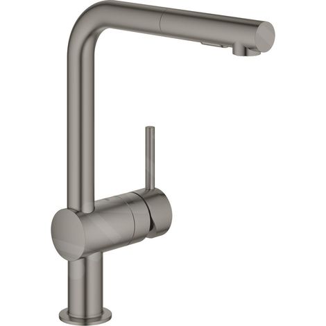 Grohe – Mitigeur monocommandé pour évier – Saillie 223mm – Bec en L – Goulot extractible et orientable – Double jet laminaire et douche