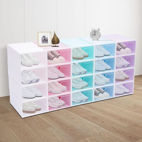 Großes 20er Pack Schuhkarton Klare Schuhaufbewahrungsboxen Plastik Stapelbar Platzsparend Faltbar Schuhregal Sneaker Container Bin Holder,332314cm pro (4Lila+4Weiß+4Rosa+4Grün+4Blau) (1/5)