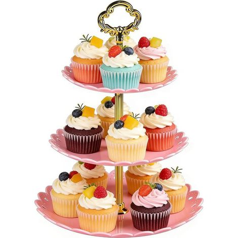 Présentoir à Cupcakes 3 Niveaux en Papier Rose, Support Décoratif pour Gâteaux et Muffins, Idéal pour Anniversaire, Mariage et Fête